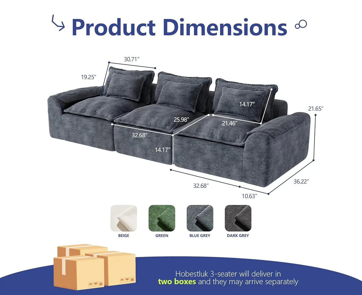120in Modular Sectional Sofa Deep Seat Removable Cover Living Room 3-Seater Blue Grey Customized