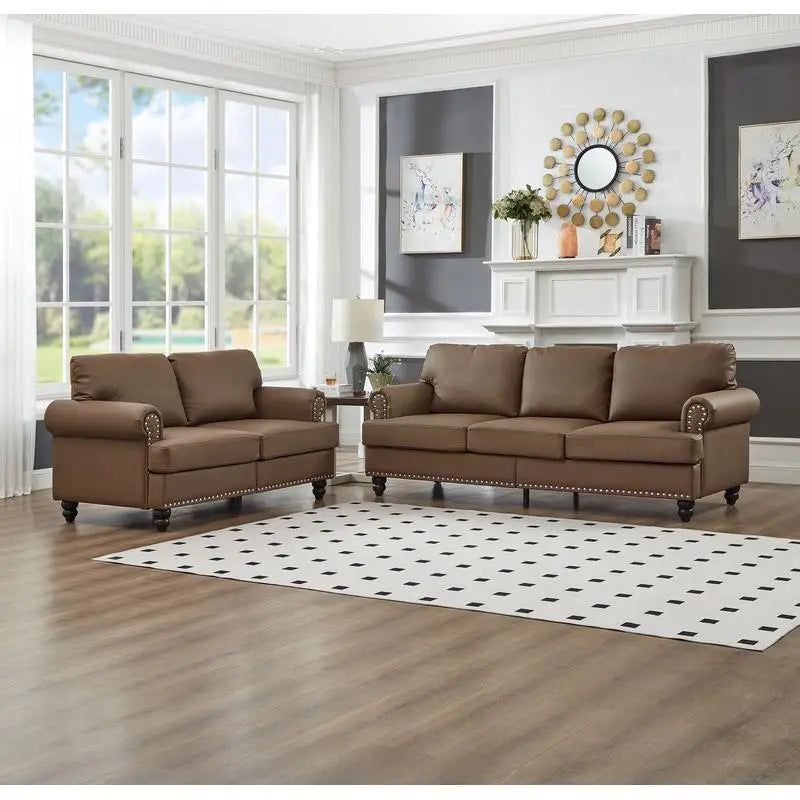 Modern Classic Design 2+3 Seater Loveseat & Sofa Leather Couch, Upholstered Imitation Cowhide Leather in Brown