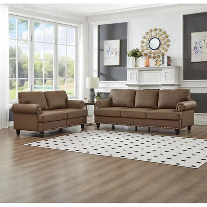 Modern Classic Design 2+3 Seater Loveseat & Sofa Leather Couch, Upholstered Imitation Cowhide Leather in Brown