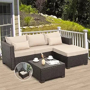 3-Piece Outdoor Sectional Sofa Set with Wicker Couch, Ottoman, and Coffee Table - All-Weather, Weather-Resistant Storage Include