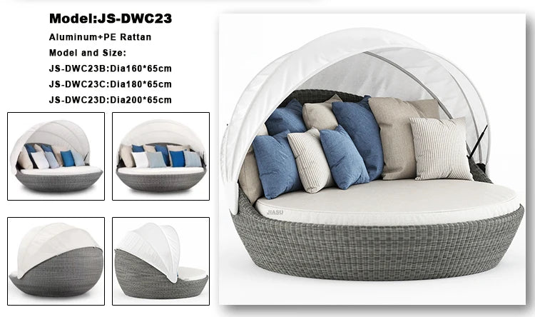 Modern day bed patio furniture hotel luxury garden sun lounger round aluminum rattan wicker outdoor day bed with canopy