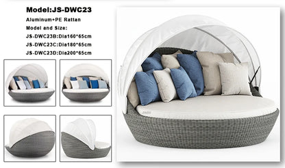 Modern day bed patio furniture hotel luxury garden sun lounger round aluminum rattan wicker outdoor day bed with canopy