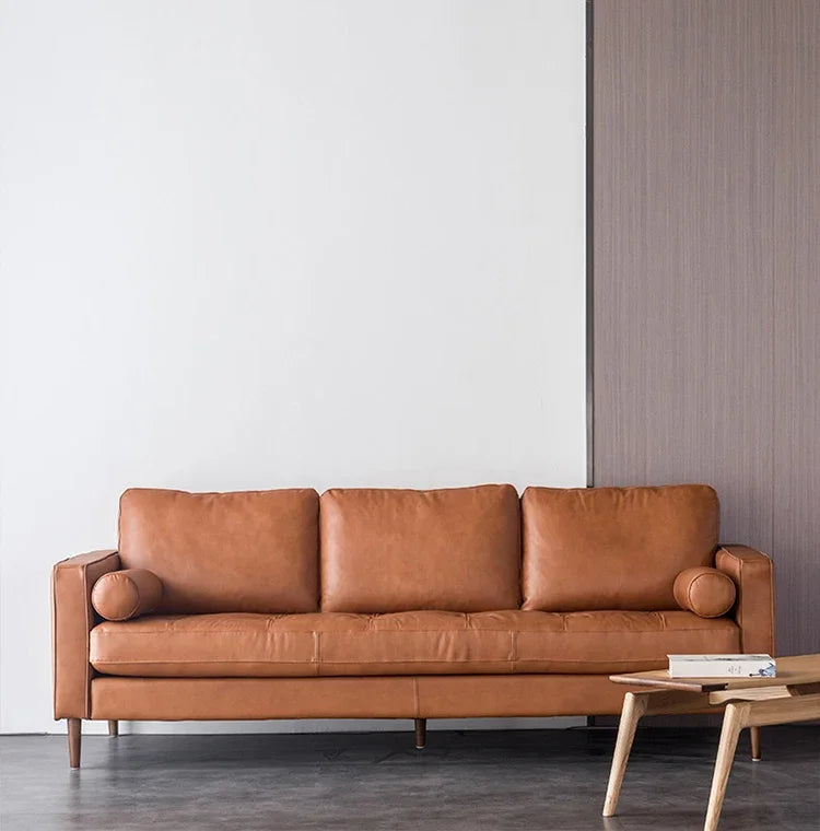 for Mid Century Modern Genuine Leather 3 Seat Sofa Home Furniture Vintage Wood Leg Sofa Living Room Sofas Set