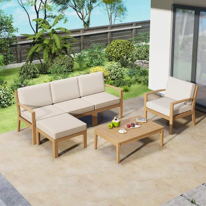 K 6 Piece Patio Sectional Sofa Set with 3-Seats Couch,Coffee Table, Ottoman and Removable Cushion for Garden Poolside