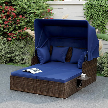 Outdoor Daybed, 2-Person Wicker Patio Sofa with Retractable Canopy, Cushions & Pillows, 2 Side Trays, PE Rattan Double, Custom