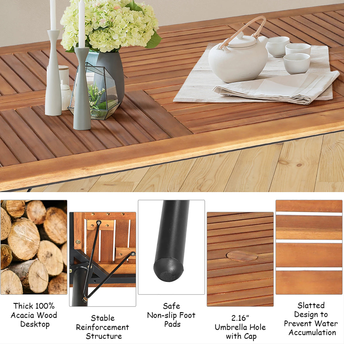 7PCS Patio Rattan Dining Set Chair Wooden Table Top W/Umbrella Hole