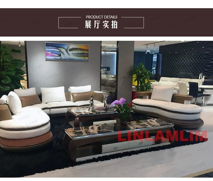 Modern Luxury Genuine Leather Sectional Sofa Set with Speaker and USB, U-Shaped Design Living Room Couch with Storage Shelves