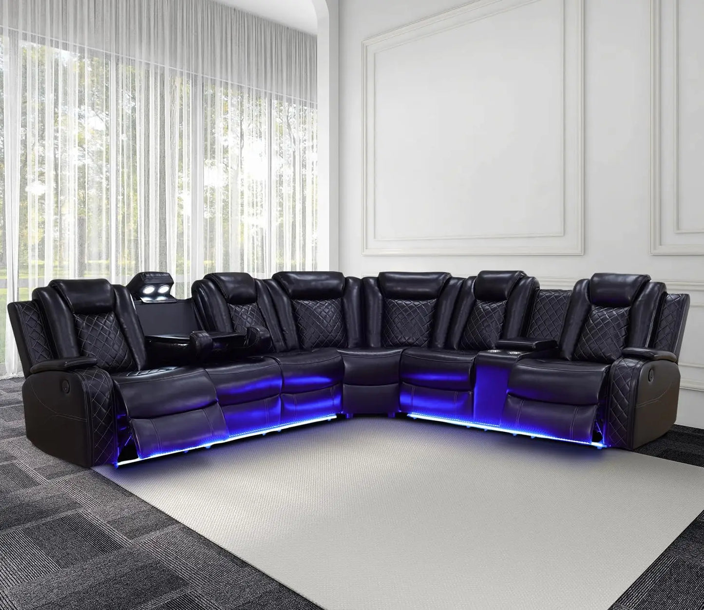 Recliner Leather Sofa Sectional Couches with LED Light for Living Room, Reclining Corner Sectional Sofa with Storage