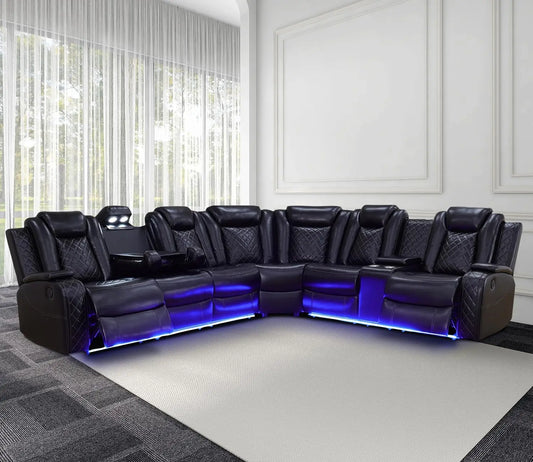 Recliner Leather Sofa Sectional Couches with LED Light for Living Room, Reclining Corner Sectional Sofa with Storage