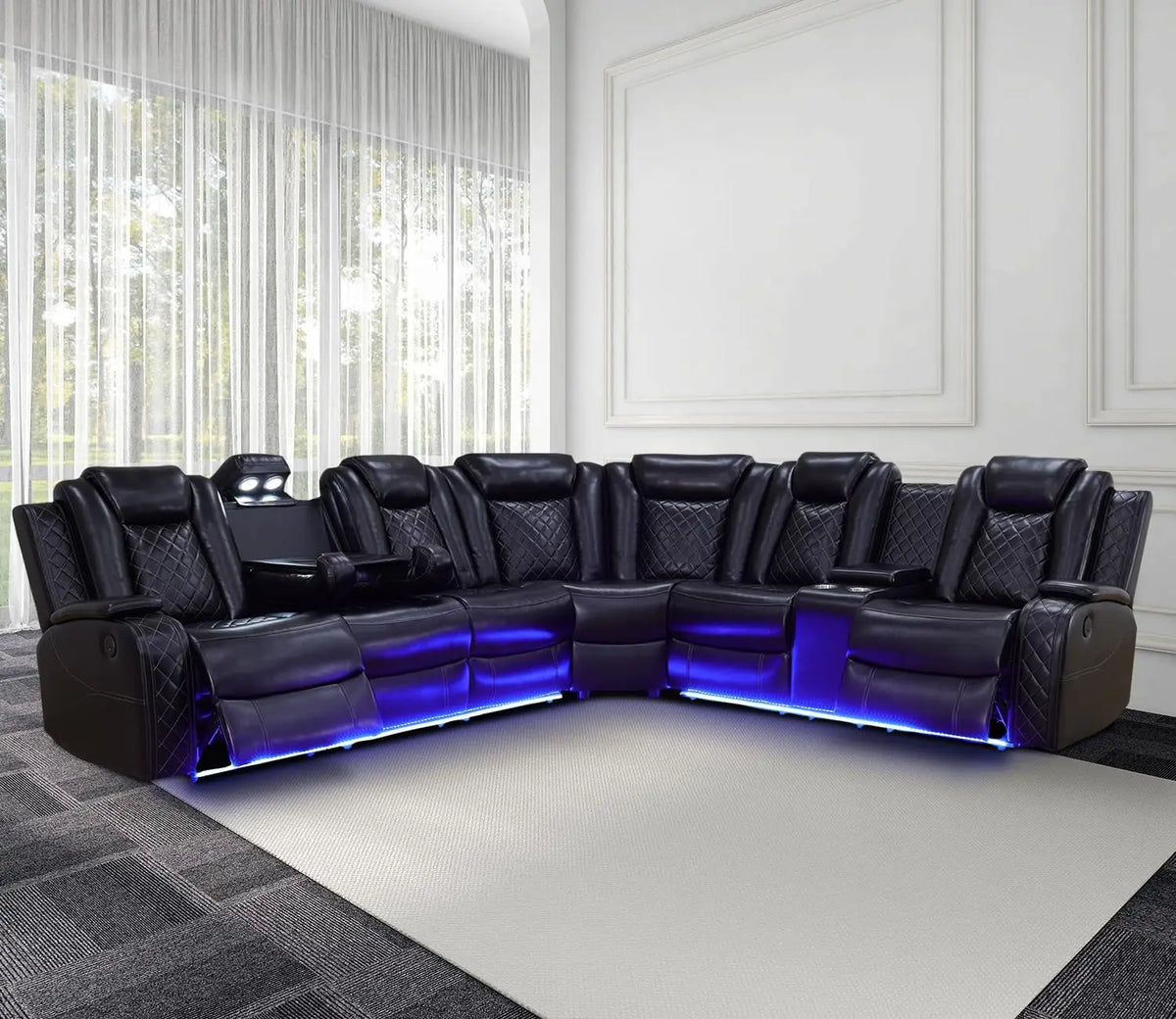 Recliner Leather Sofa Sectional Couches with LED Light for Living Room, Reclining Corner Sectional Sofa with Storage