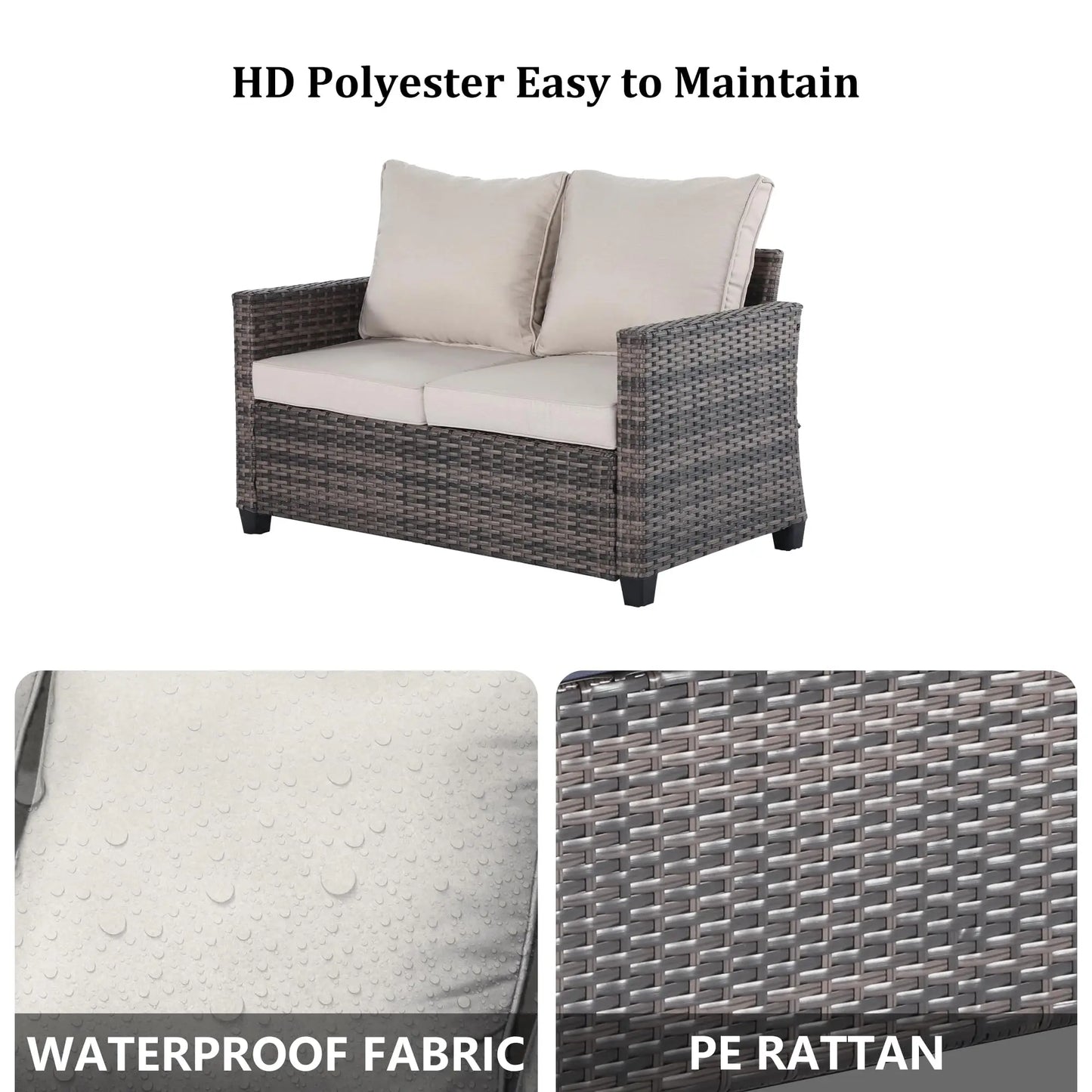 Outdoor sofa with detachable thickened cushions and backrests. It is a waterproof rattan sofa, suitable for gardens, backyards,