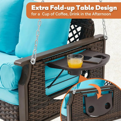 3 Seat Porch Swing, Wicker Patio Swing with Cup Holders & 3 Back Cushions, Yard Swing with Chains for Deck Garden Backyard