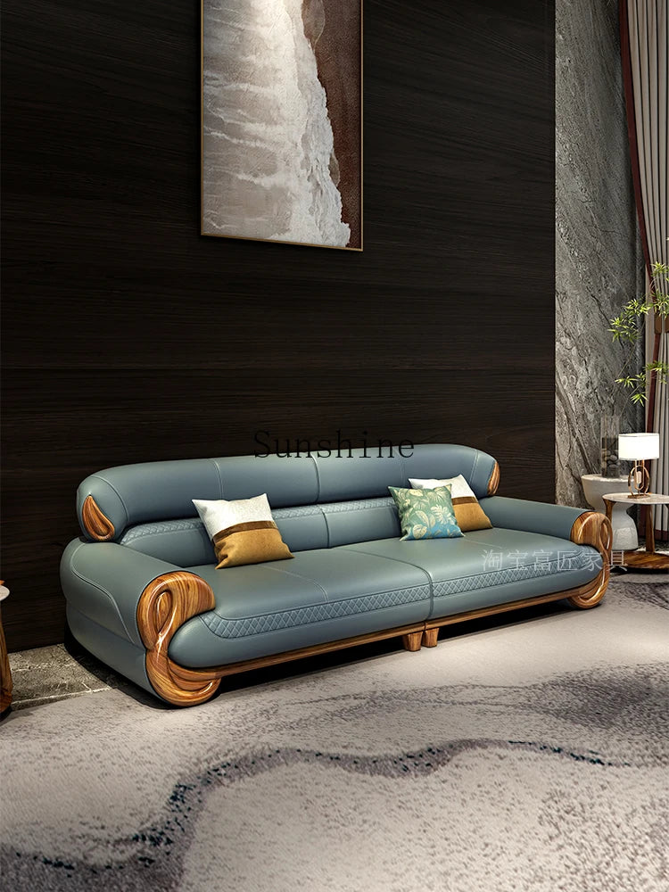 Ebony leather sofa living room new Chinese villa modern light luxury high-end sofa combination
