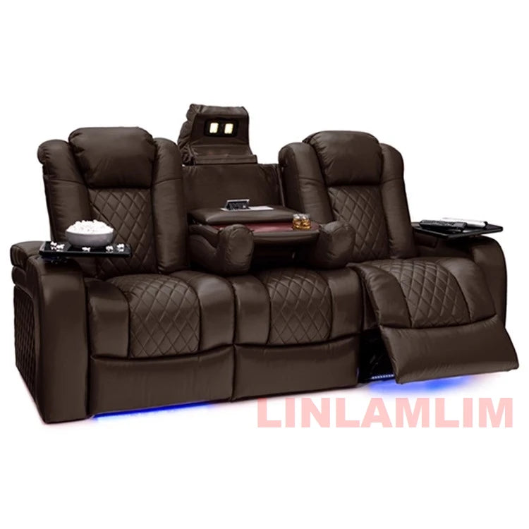 Luxury Dual Motors Power Reclining Sofa with LED Lighting, USB, Hidden Storage, Fold-Down Table & Tray – 3-Seat Recliner Sofa