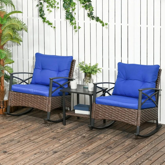 Patio Rocking Chair Set Outdoor Wicker Bistro with Cushioned Rockers and 2 Tier Coffee Table for Garden Relaxation