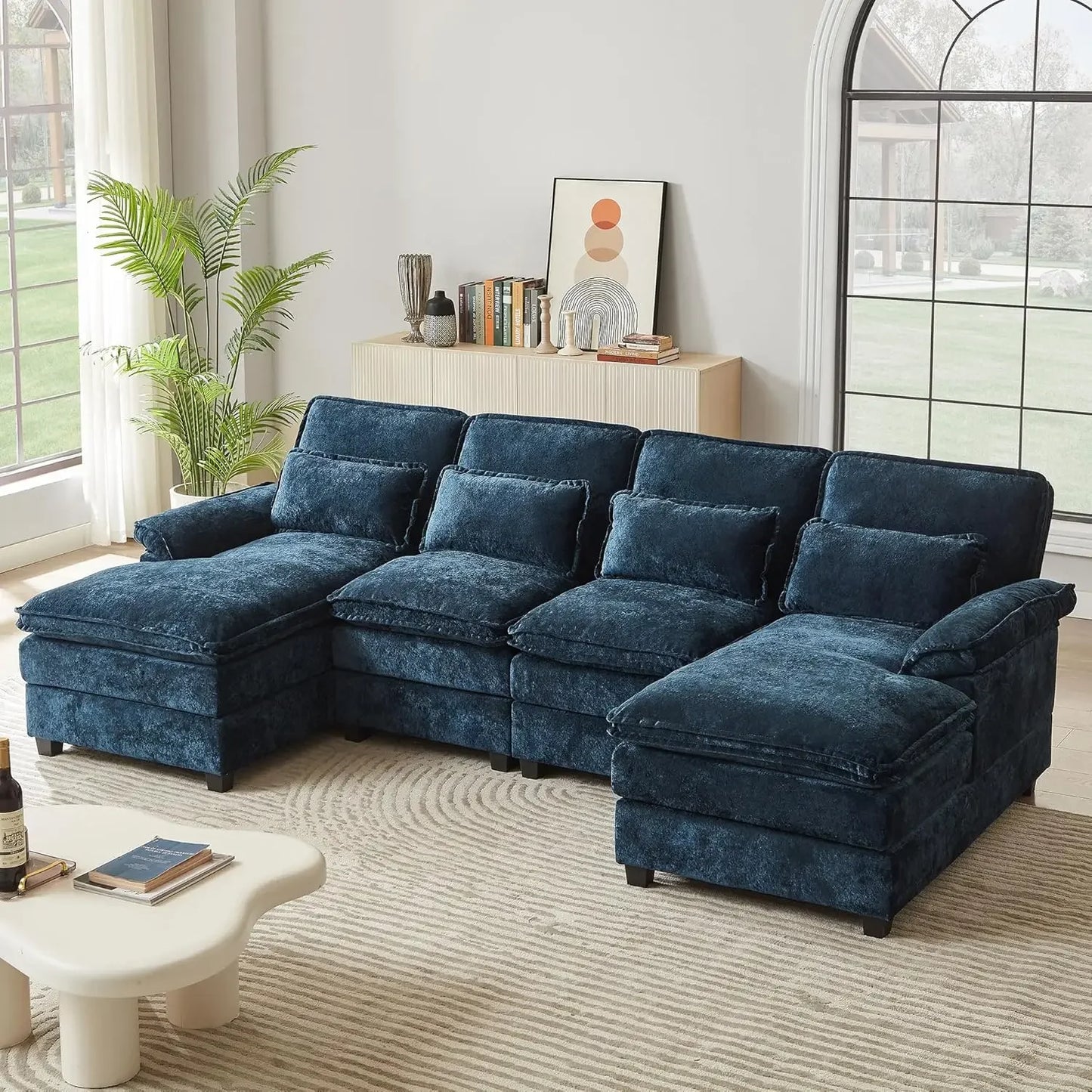 Chenille Sofa Sleeper Deep Seat Sofa with 4 Throw Pillows, 4-Seater,113" U Shaped Sectional Sofa, Comfy Cloud Couch