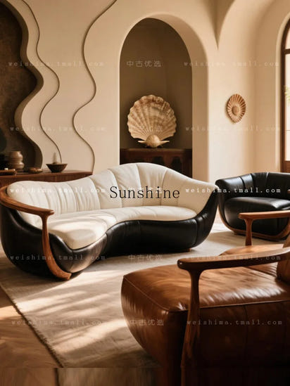 Medieval black and white leather solid wood curved sofa can be customized