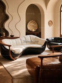 Medieval black and white leather solid wood curved sofa can be customized