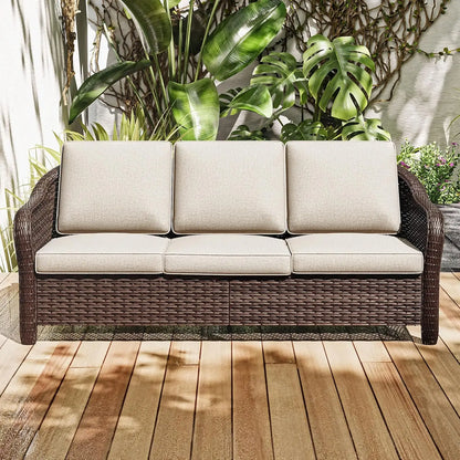 3 Pieces Patio Conversation Set, 78" Wicker 2-Seat Couch with Washable Cushions, Wicker 360 Degree Swivel Glider Rocker Chairs,