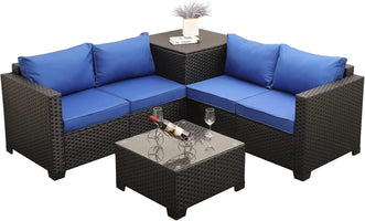 6 Piece Wicker Patio Furniture Set, Sectional Sofa with Glass Coffee Table & Large Storage Box, Loveseat Couch, Outdoor