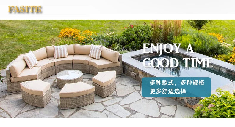 Sofa, courtyard, garden, leisure, outdoor living room, semi circular curved rattan chair, terrace, outdoor furniture combination