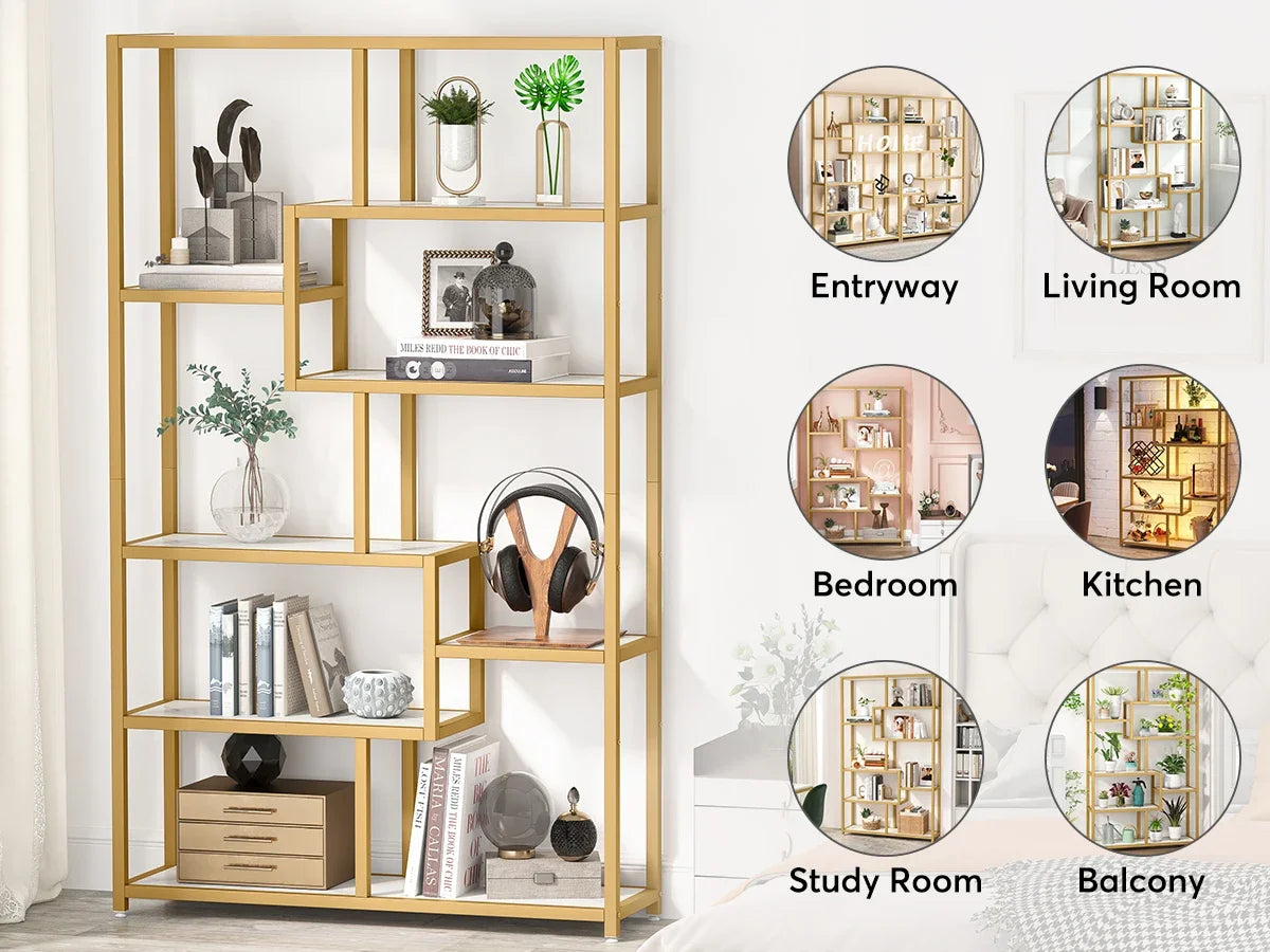 Tribesigns Bookshelf Bookcase, Gold 8-Open Shelf Etagere Bookcase with Faux Marble, Modern Book Shelves Display Shelf