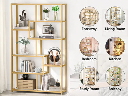 Tribesigns Bookshelf Bookcase, Gold 8-Open Shelf Etagere Bookcase with Faux Marble, Modern Book Shelves Display Shelf