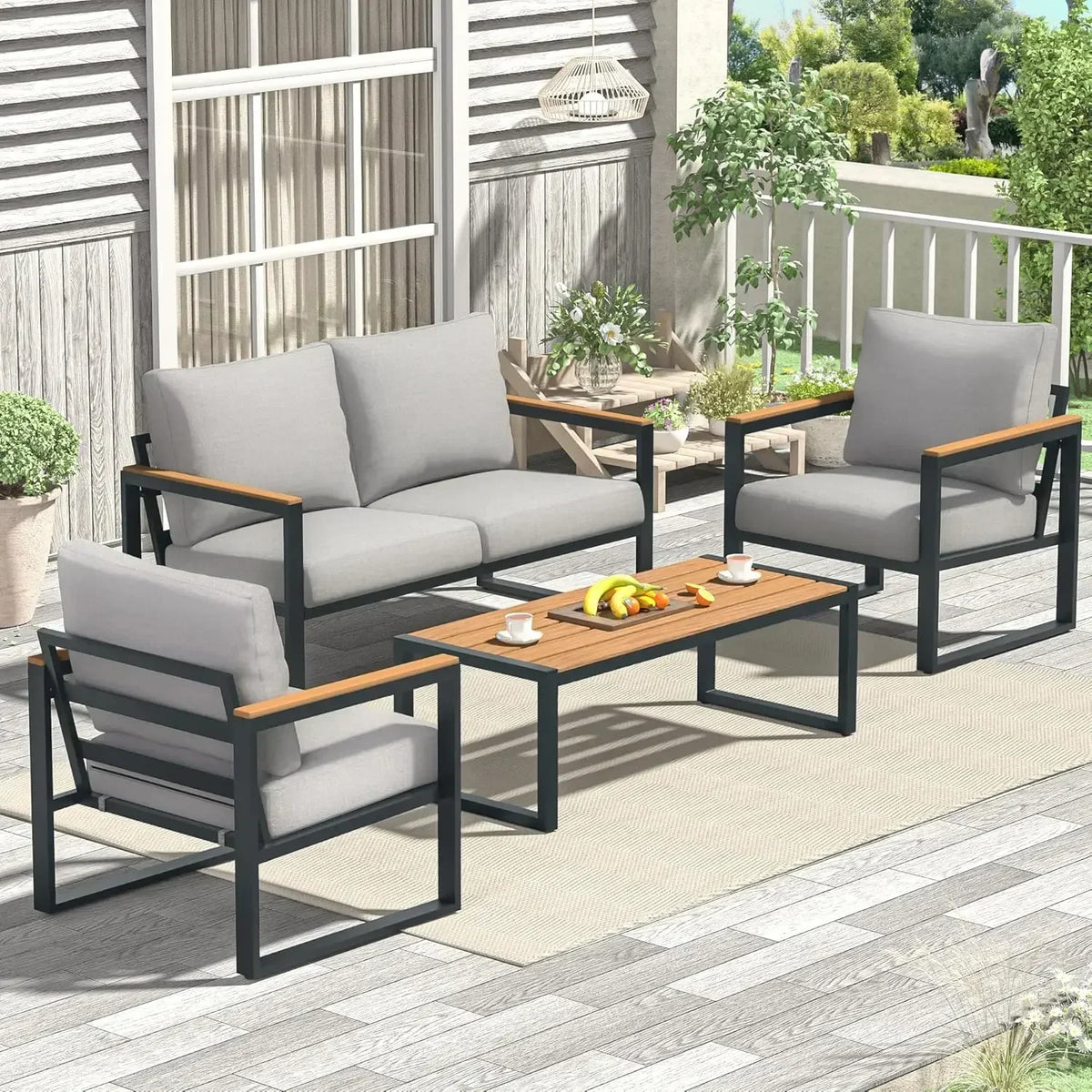 PatioLix Furniture Set, 4 Pieces Outdoor Patio Furniture with Coffee Table Set, Metal Patio Conversation Sets with Washable