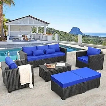 Outdoor Patio Wicker Furniture Set: 6-Piece PE Rattan Conversation Sectional Sofa with Royal Blue Cushions