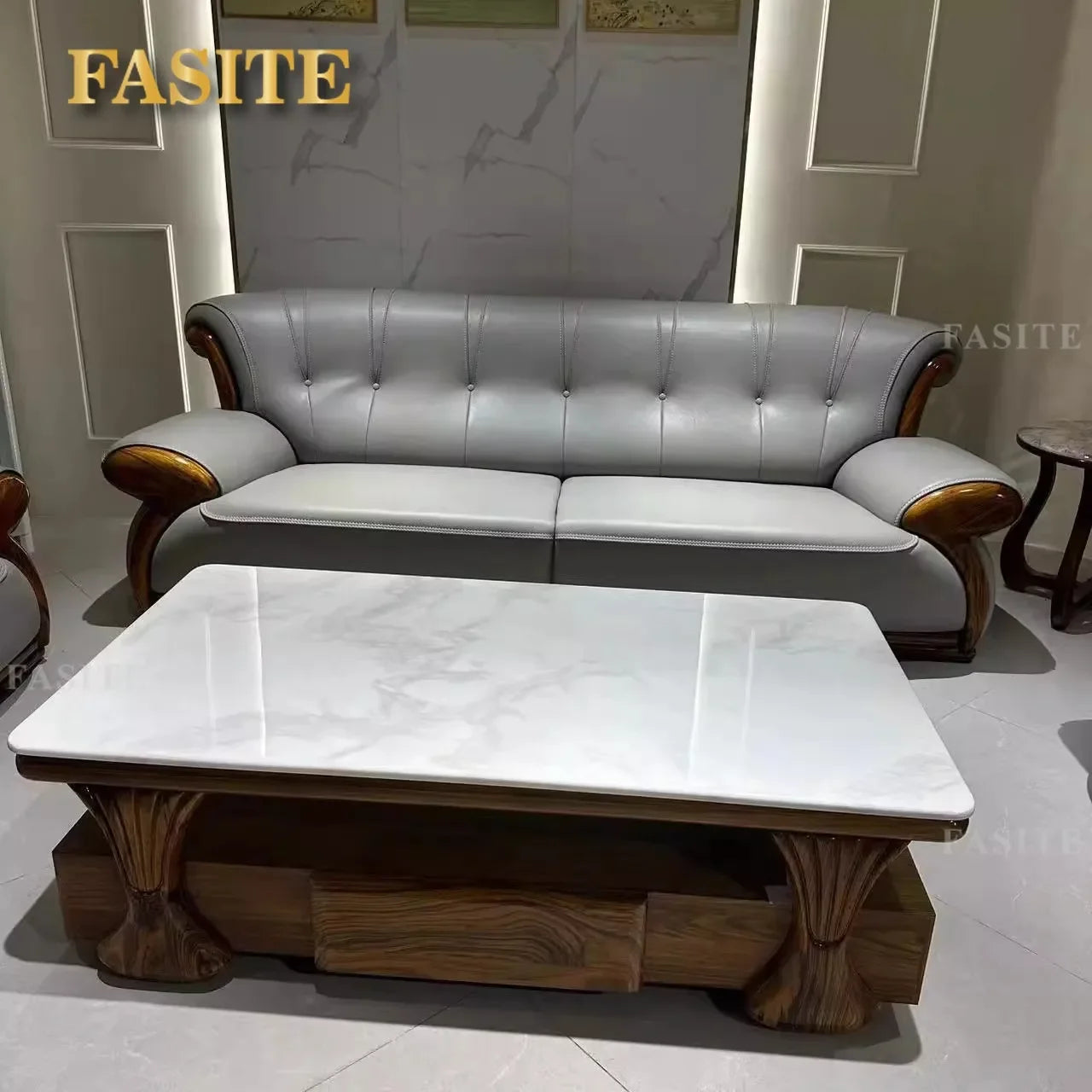 Ebony leather sofa modern light luxury high-end living room villa first layer cowhide solid wood new Chinese-style small
