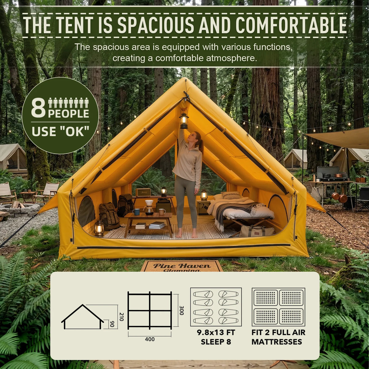 129 Square Feet Large Inflatable Camping Tent 6-8 Person,4 Season Waterproof Inflatable Tent House with AC Vent&Stove Jack