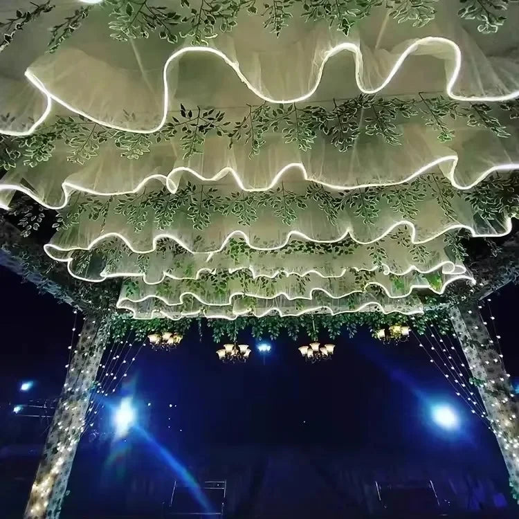 Glowing Curtain for Wedding Ceiling Decor, White Wave Tulle Fabric with Lights, Romantic Party Christmas Event Decoration
