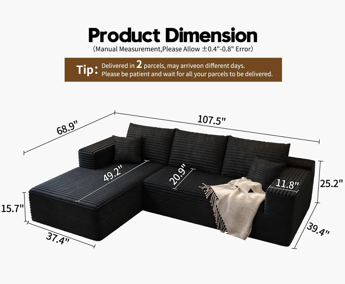 Wholesale L Shaped Cloud Couch 107 Inch Plush Sectional Sofa with Chaise Minimalist Living Room Furniture