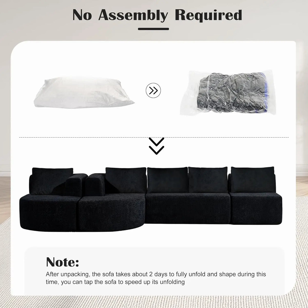 Boneless Couches for Living Room, Comfy U-Shaped Cloud Couch Sectional with Chaise Lounge, Modern Deep Seat Black, Customized