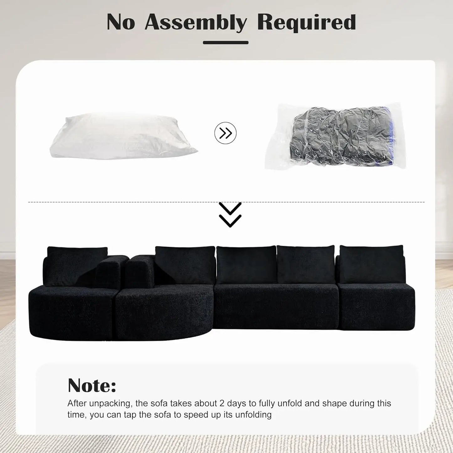 Boneless Couches for Living Room, Comfy U-Shaped Cloud Couch Sectional with Chaise Lounge, Modern Deep Seat Black, Customized