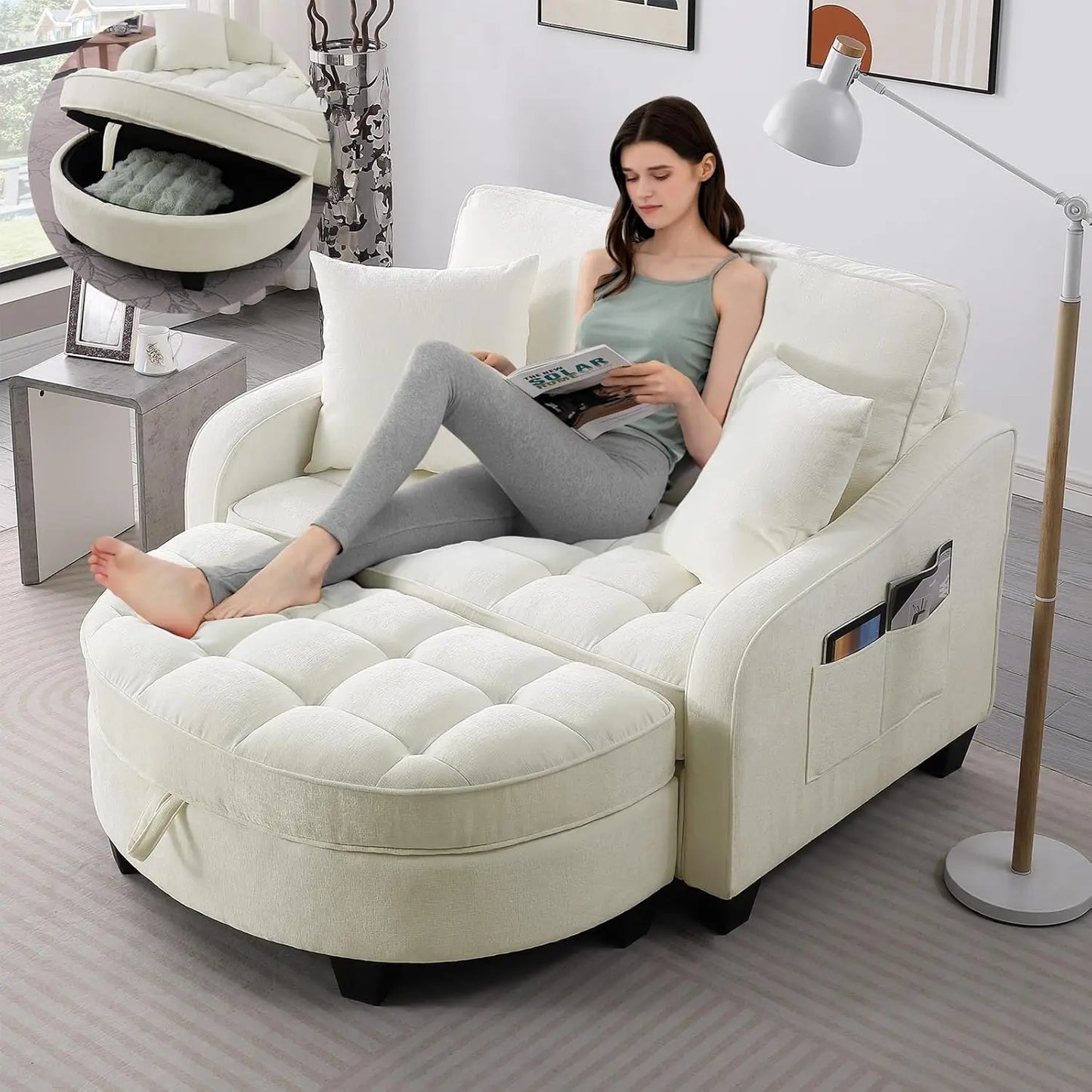 Oversized Curved Chaise Lounge Chair Indoor with Ottoman, 54.8" Cloud Reading Chair Soft Chenille Circle, Customized