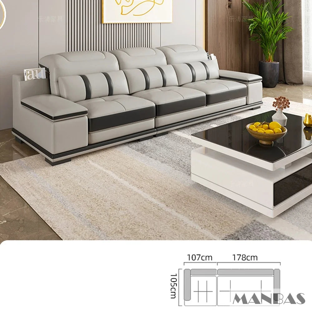 Modern Genuine Leather Sofa Living Room By MANBAS - Stylish Italian Couch with Bluetooth Speaker, USB & Adjustable Headrests