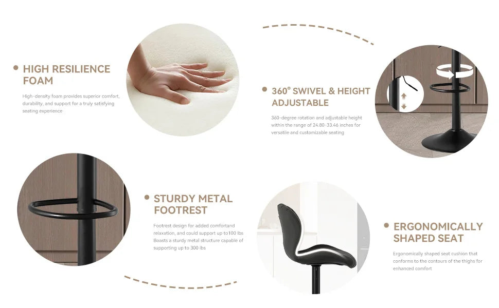 2pcs Bar Chair, 360° Rotating, Adjustable Height, Artificial Leather Upholstered With Backrest, Suitable For Dining Room