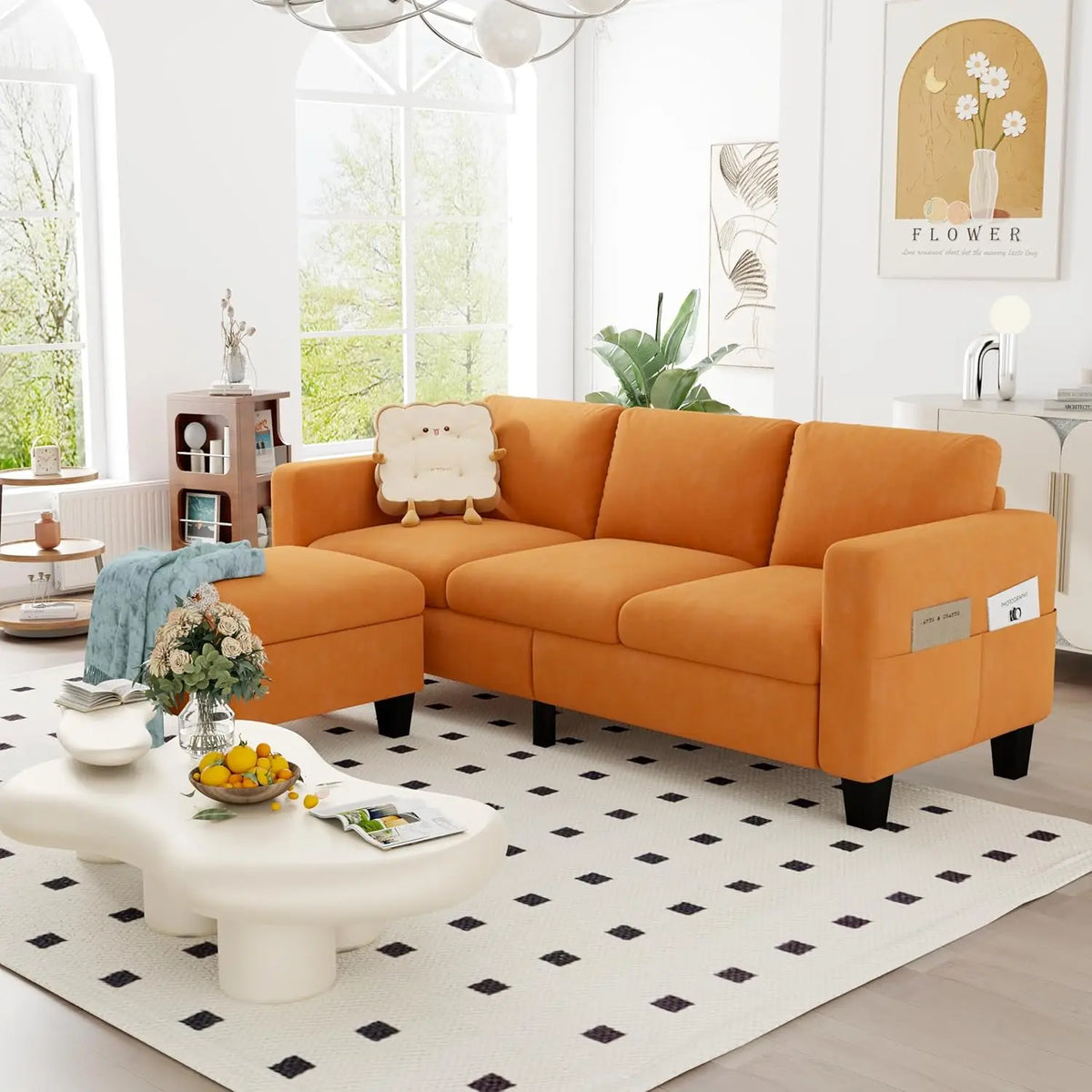 3-Seat L-Shaped Sectional Sofa, Convertible Velvet Couch for Small Spaces