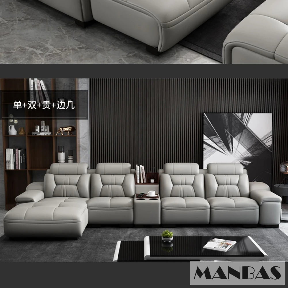 MANBAS Italian Genuine Leather Sectional Sofa with USB Charging, Bluetooth Speaker and Projector - Perfect for Your Living Room