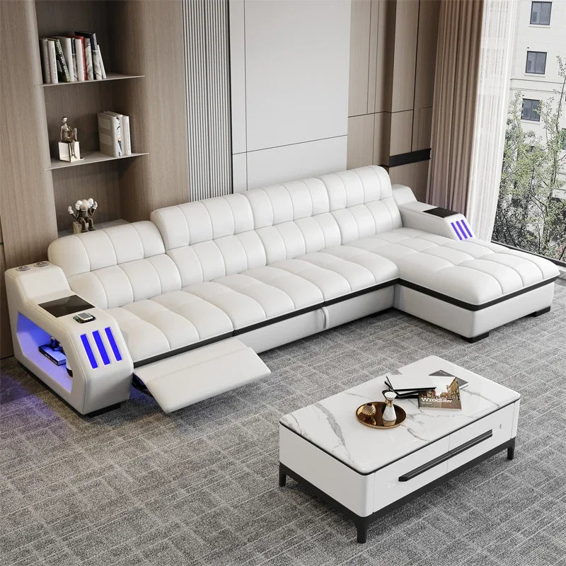 -Popular New Products Massage Function Furniture Living Room Sofa 3 Set Leather Sectional L-shaped Princess Side Table Bluetooth