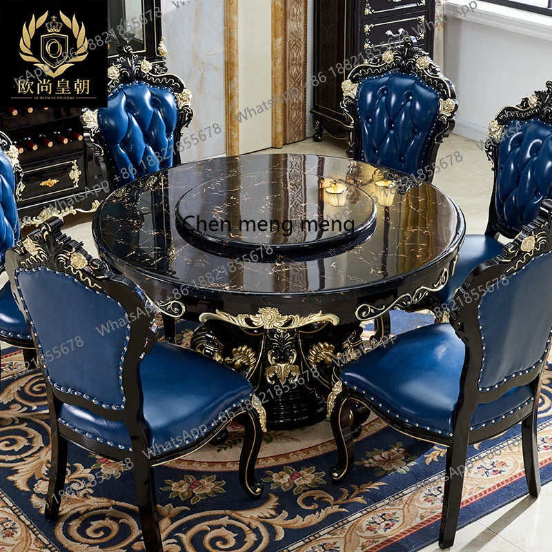 Luxury European dining table Large round table Marble dining table and chair combination American carved family