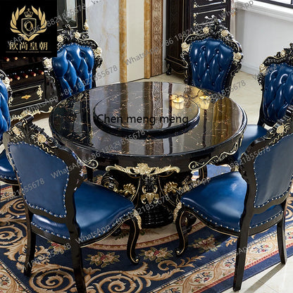 Luxury European dining table Large round table Marble dining table and chair combination American carved family