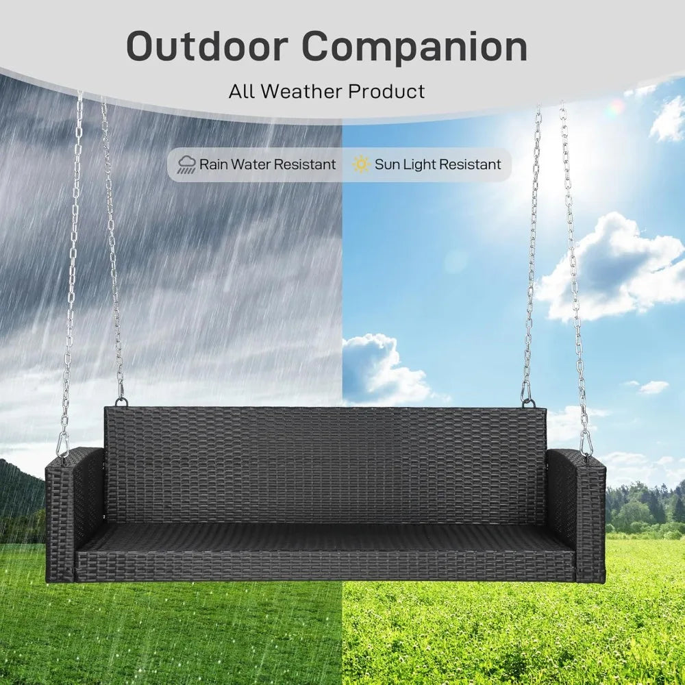 5FT Wicker Outdoor Porch Swing for Adults, 3-Person Patio Swing with Cushion, Pillows, and Chains