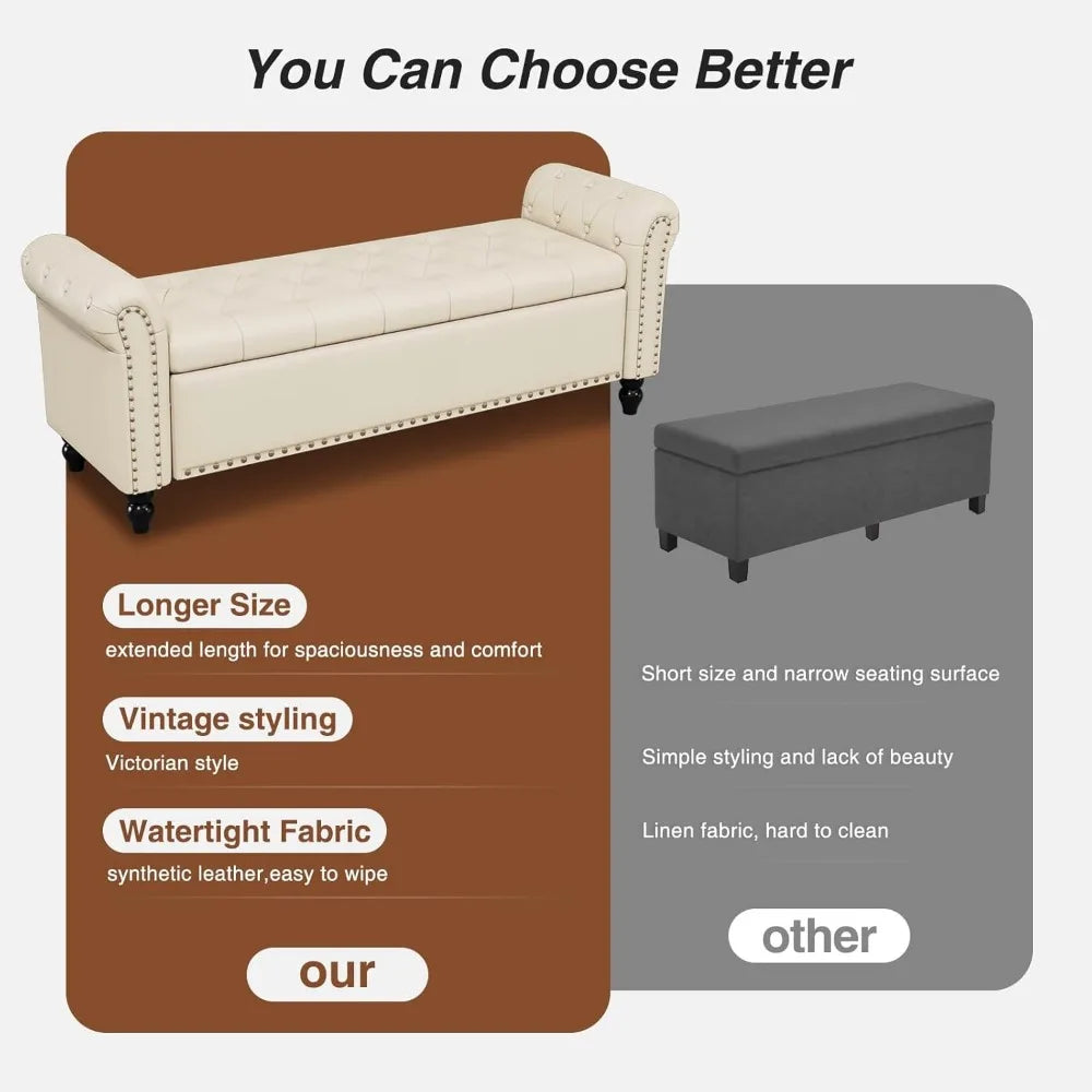 Bedroom Bench, End of Bed Bench with Storage, 55-Inch Bed Benches for Foot of Bed, Faux Leather Window Bench