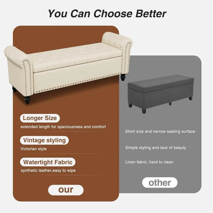 Bedroom Bench, End of Bed Bench with Storage, 55-Inch Bed Benches for Foot of Bed, Faux Leather Window Bench