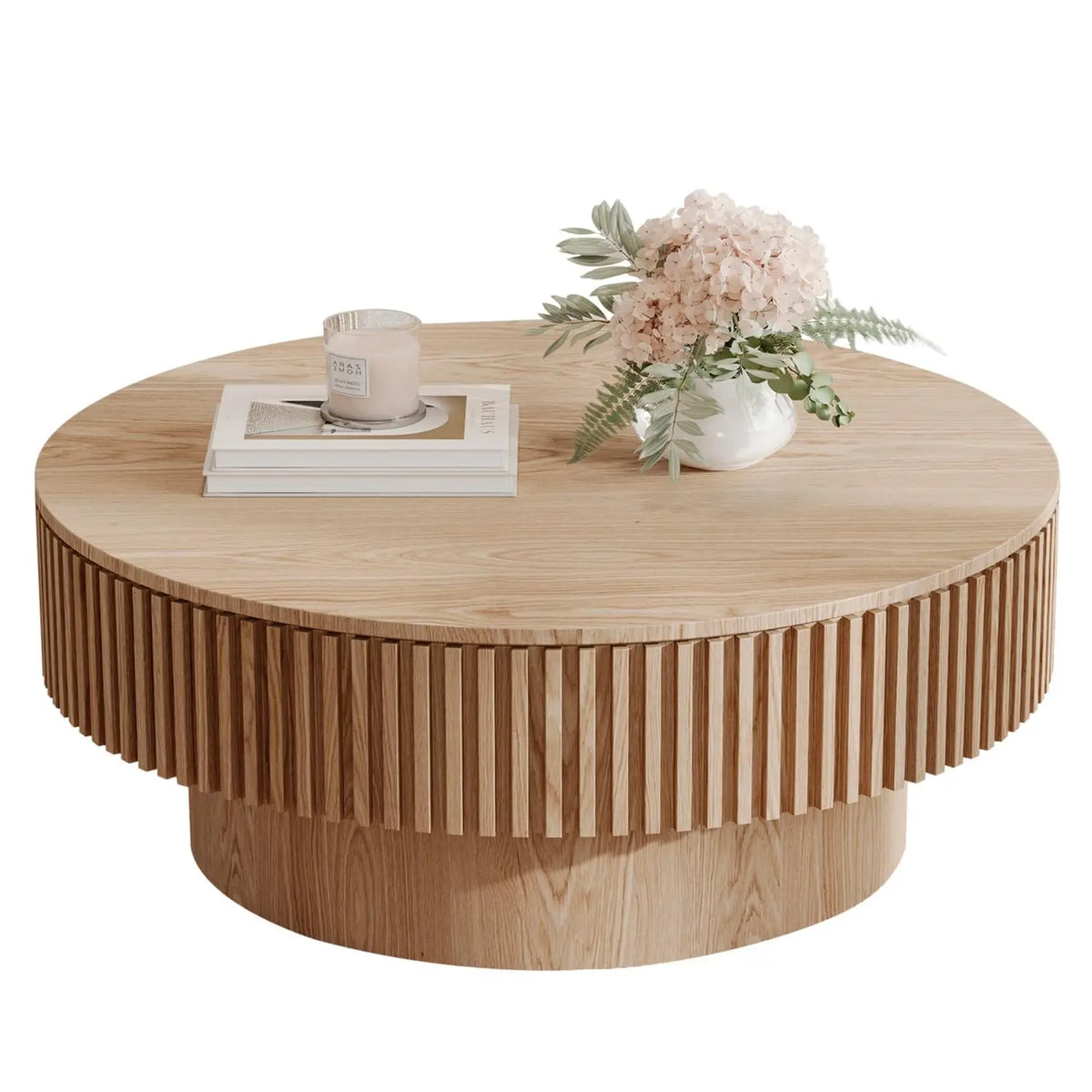 Round Coffee Table For Living Room, Accent Fluted Drum Coffee Table With Storage, Modern Solid Wood Circle Center Tea Table For