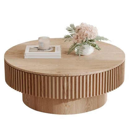 Round Coffee Table For Living Room, Accent Fluted Drum Coffee Table With Storage, Modern Solid Wood Circle Center Tea Table For