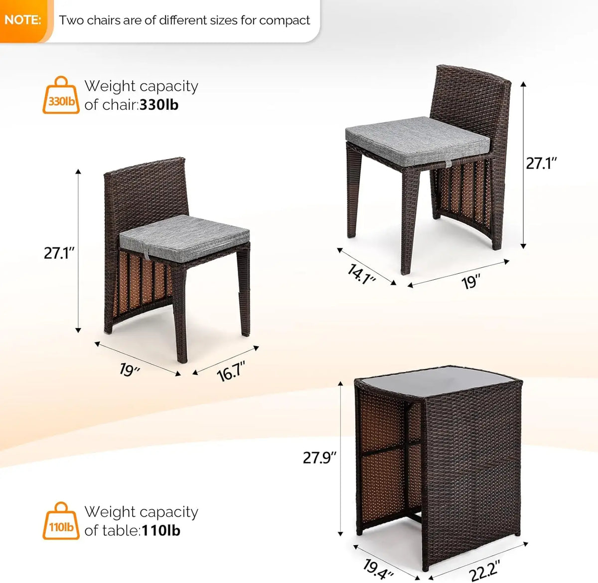 3 PCS Wicker Outdoor Patio Bistro Set, Patio Furniture Set for Small Space with Glass Top Table Dining Chairs