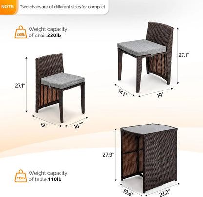 3 PCS Wicker Outdoor Patio Bistro Set, Patio Furniture Set for Small Space with Glass Top Table Dining Chairs
